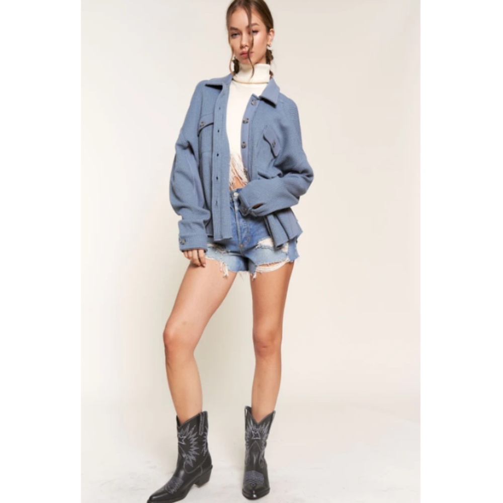 Vici denim Blue Ribbed Knit Button Down Shacket - Picture 3 of 3